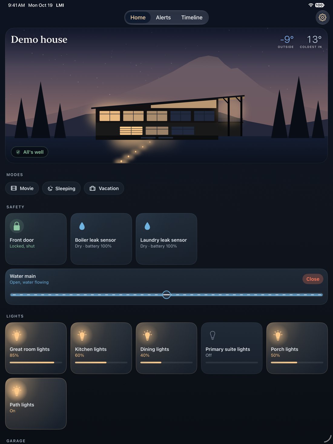 The LMI app on an iPad: the house picture, the modes, and a card for each light, lock, sensor and the water main