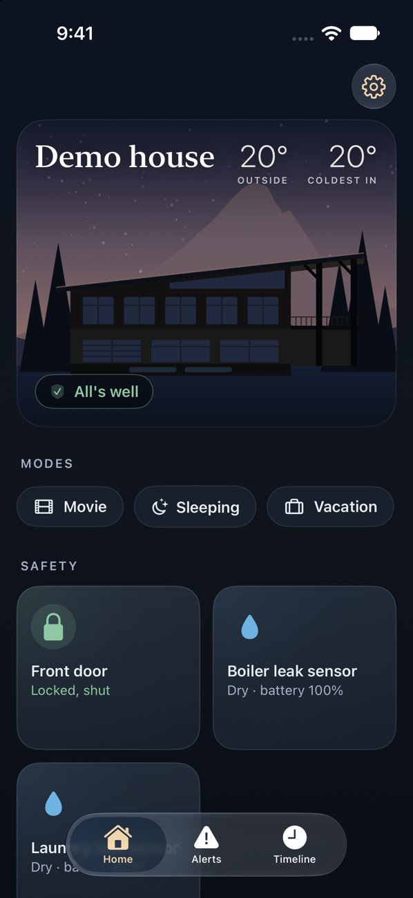 The LMI app on an iPhone: the sample home at dusk under Lone Mountain, with All's well